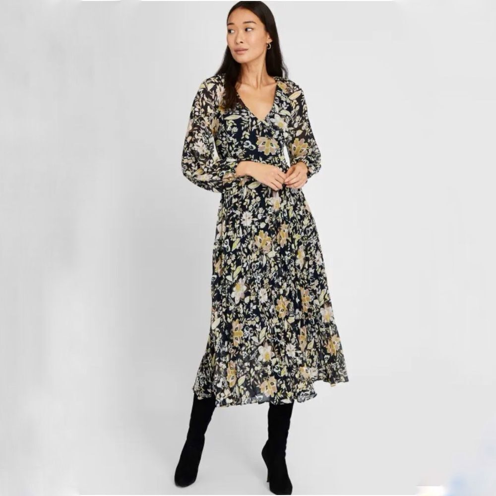 Club Monaco Floral Print Sheer Long Sleeve Midi Dress Black